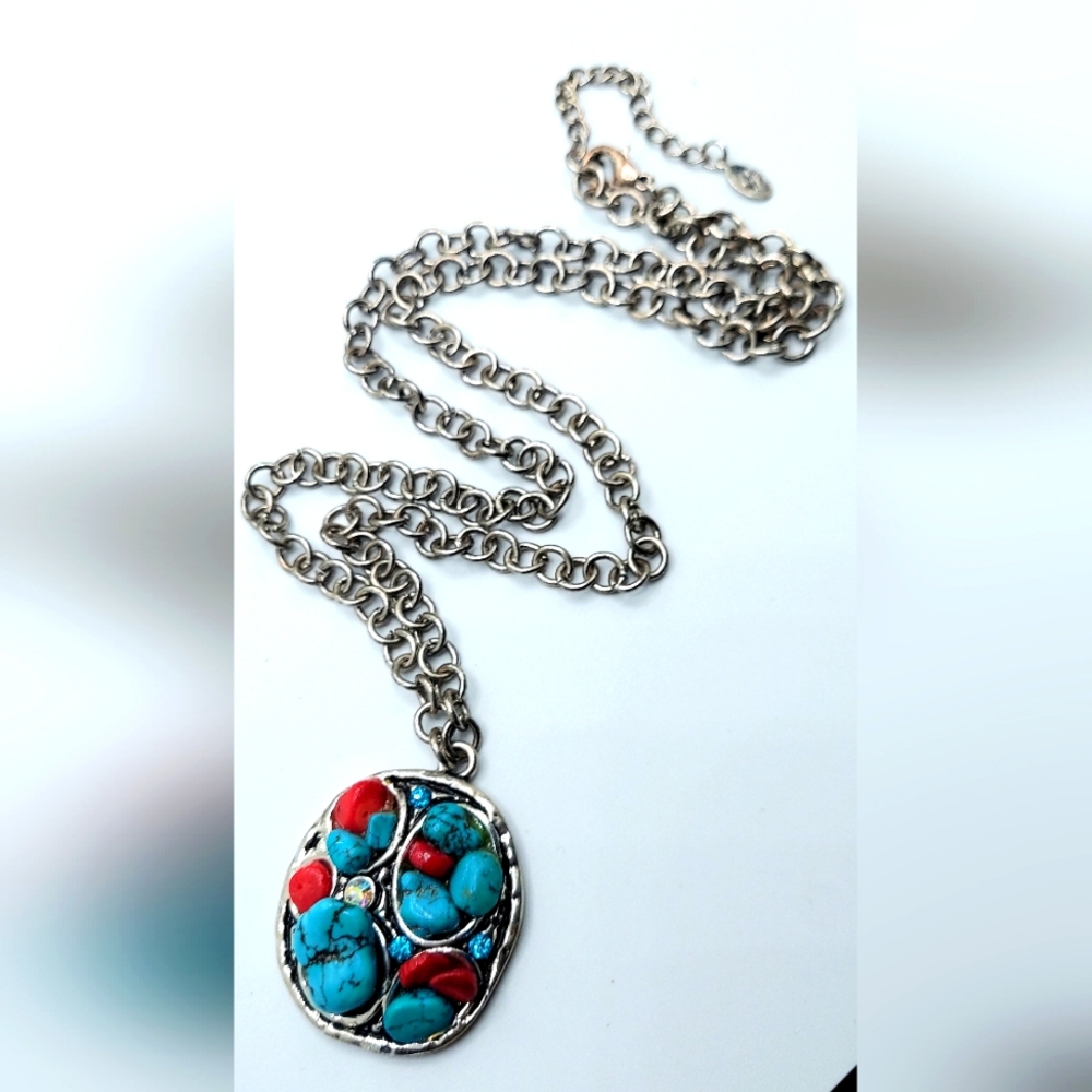 Vintage Turquoise nugget Coral Rhinestone signed Cg Necklace